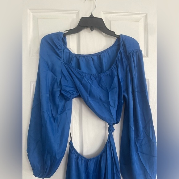 Farm Rio Blue Satin Cutout Midi Dress - Picture 5 of 7